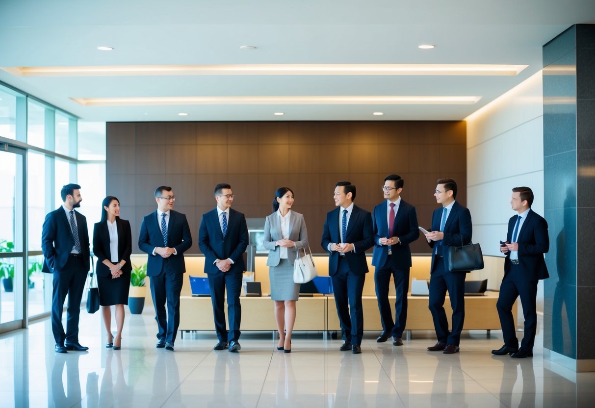 A group of professionals waiting in a well-lit, modern office lobby, engaged in polite conversation and attentive to their surroundings