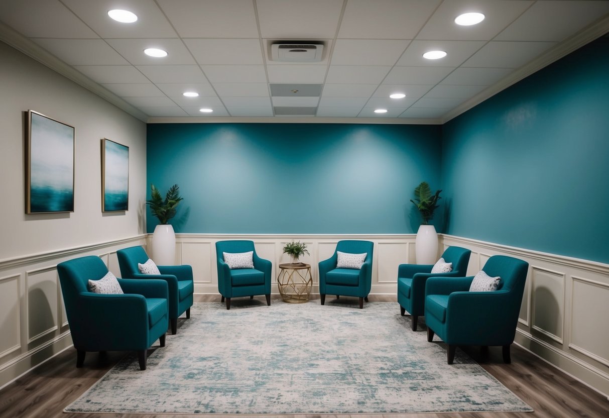 A waiting room with comfortable chairs and a reception desk. Soft lighting and calming decor create a professional and welcoming atmosphere