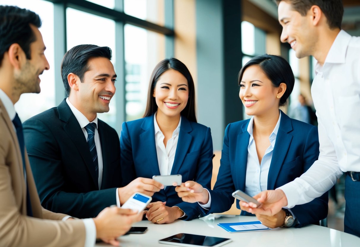 A group of professionals engaged in friendly conversation at a networking event, exchanging contact information and smiling