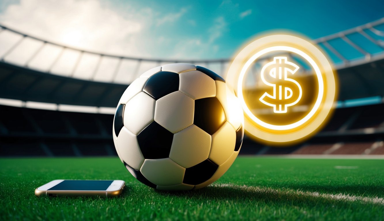 Sebuah bola sepak di lapangan dengan sebuah ponsel dan simbol deposit yang bersinar