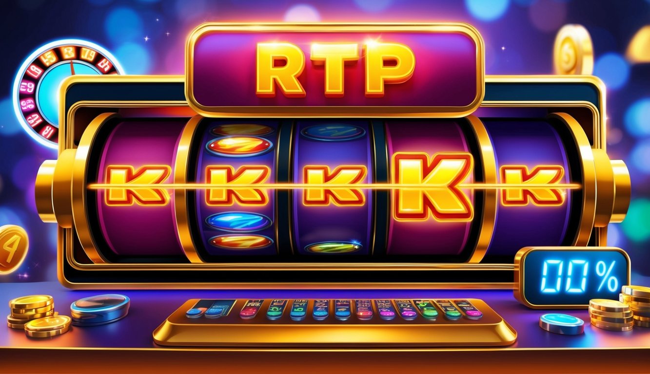 Mesin slot online yang berwarna-warni dengan simbol yang bersinar dan meter bonus besar, dikelilingi oleh indikator persentase RTP yang tinggi