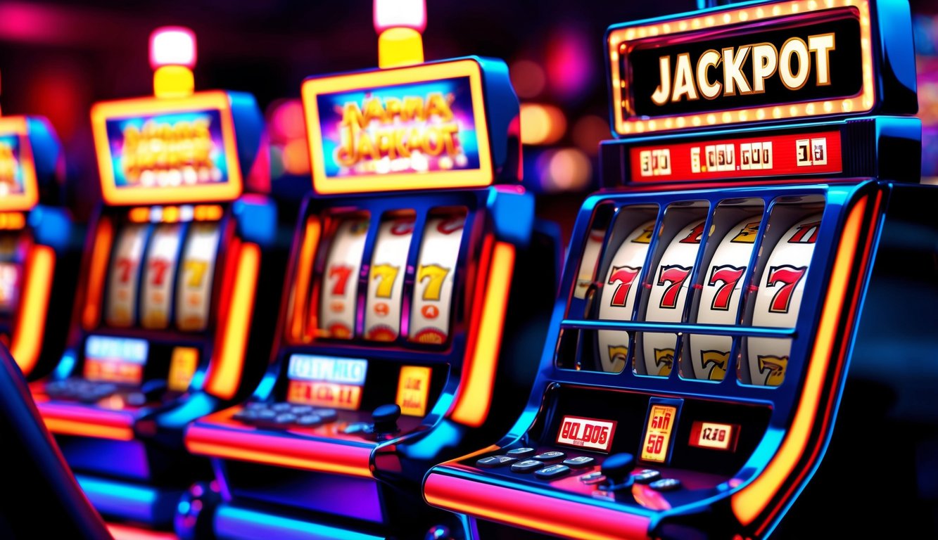 Mesin slot yang cerah dengan lampu yang bersinar dan tampilan jackpot