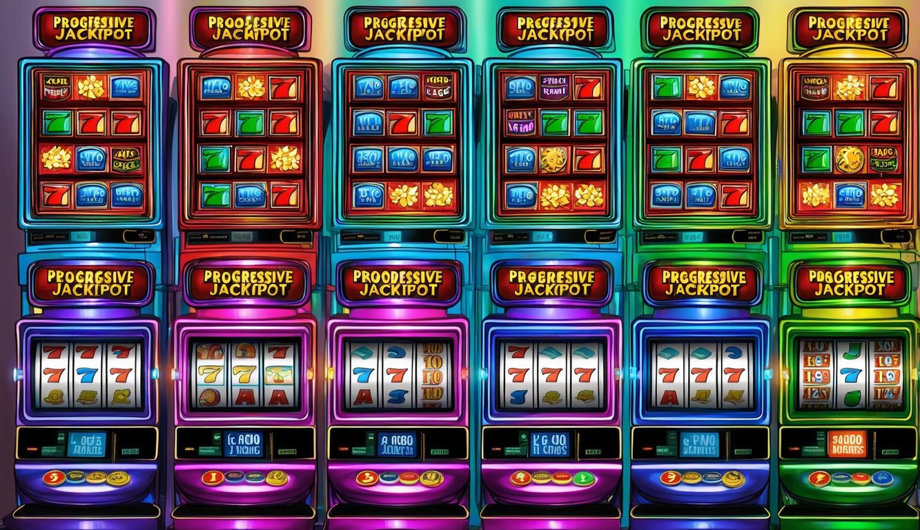 Sebuah array mesin slot berwarna-warni dengan lampu berkedip dan gulungan berputar, menampilkan berbagai penyedia jackpot progresif