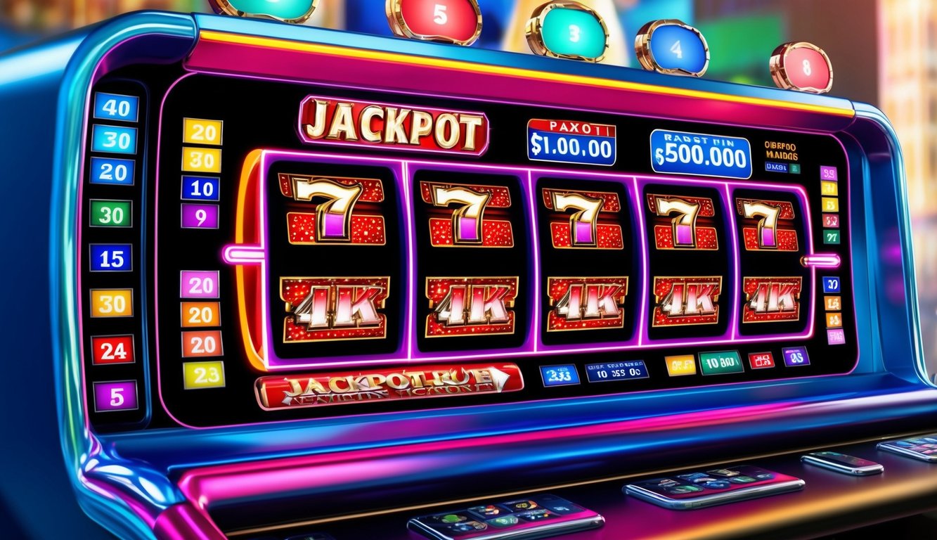 Sebuah mesin slot online yang berwarna-warni dengan lampu berkedip dan tampilan jackpot yang besar