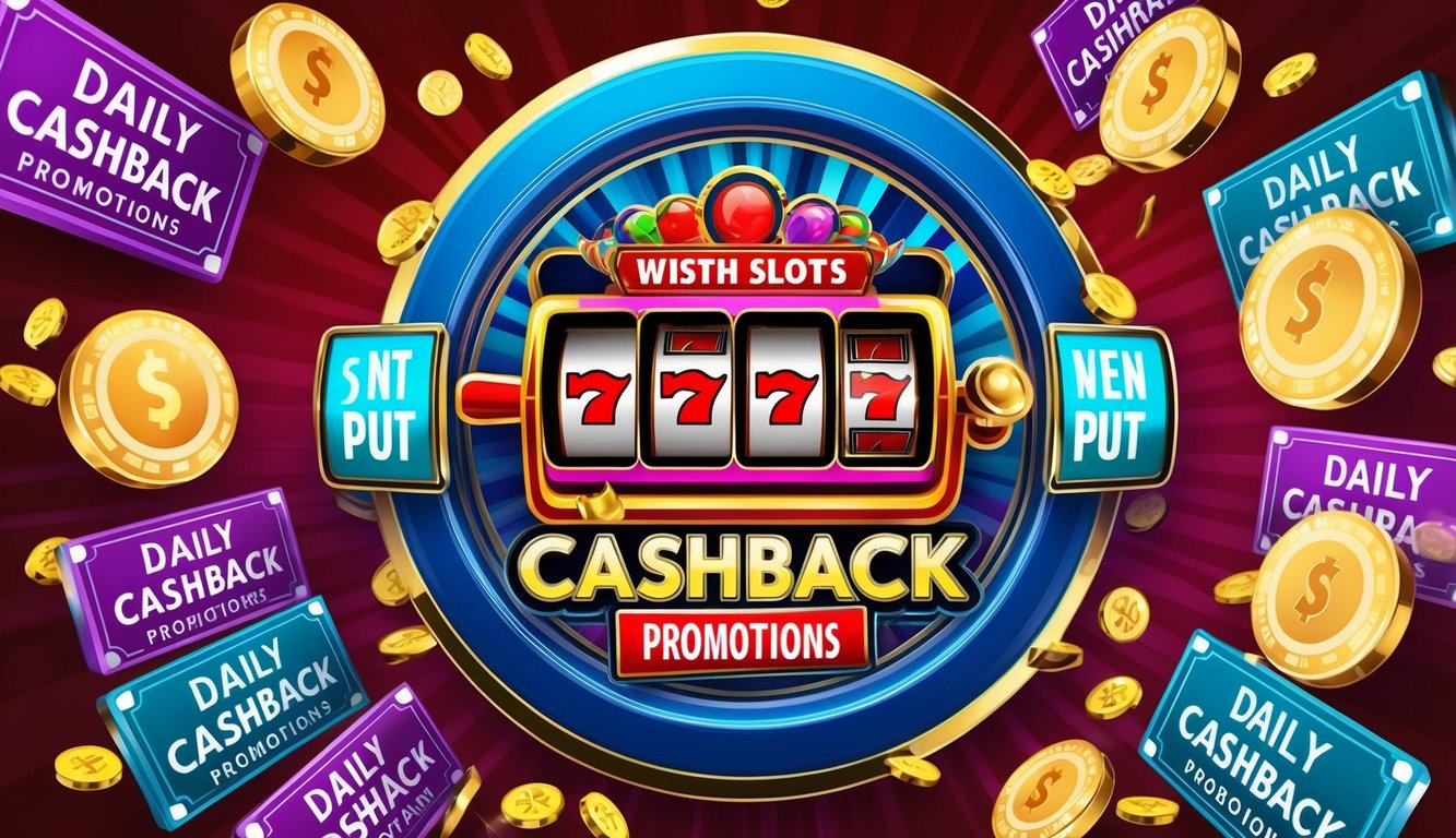 Sebuah mesin slot yang cerah dikelilingi oleh promosi cashback harian