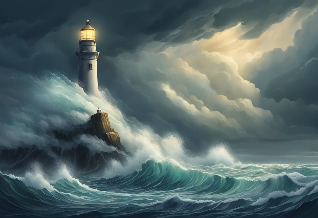 A stormy sea with crashing waves and a lighthouse standing tall against the tumultuous sky, representing the contrast between emotional reactions and rational responses