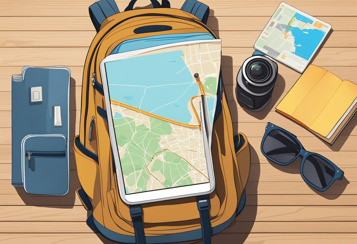 A backpack, map, and camera lay on a wooden table next to a stack of travel books. A money-saving app is open on a smartphone