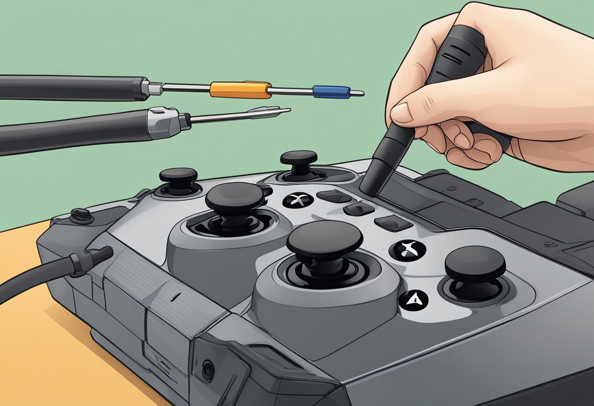 A person using a screwdriver to open the Xbox One controller and adjusting the joystick mechanism inside to fix stick drift