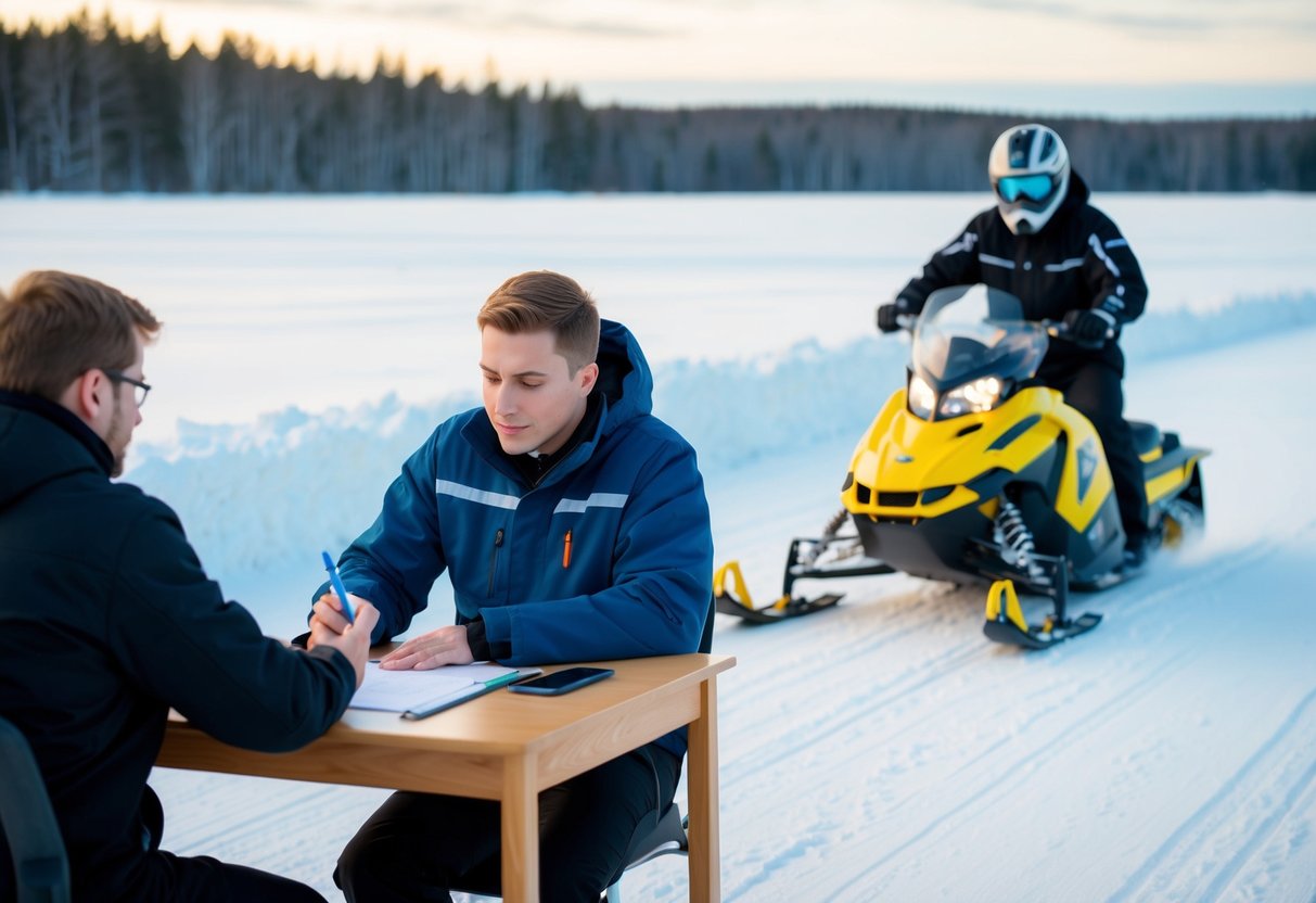 En person som gör ett skriftligt prov vid ett skrivbord, medan en annan person demonstrerar snöskoterkörningstekniker i ett snöigt fält.