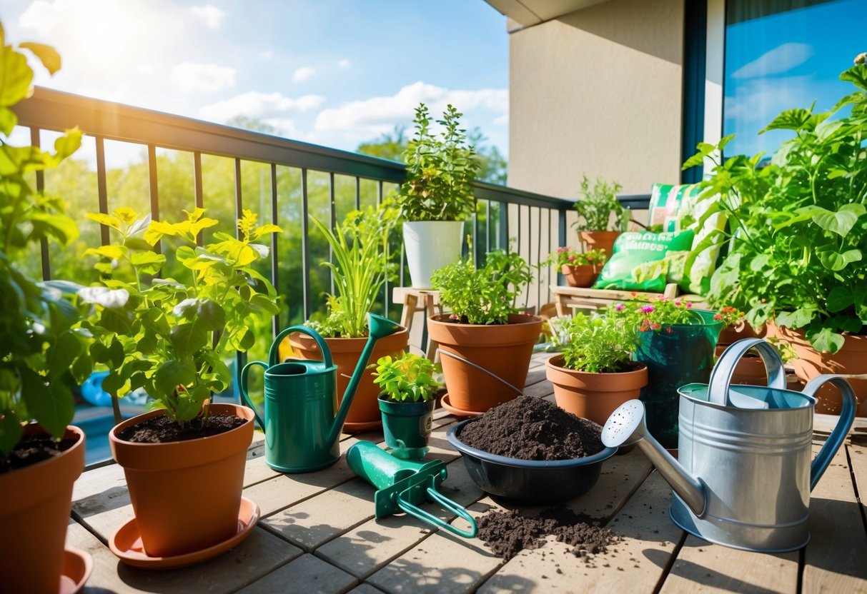 A balcony garden with potted plants, gardening tools, and bags of soil. A watering can sits nearby, and the sun shines down on the space