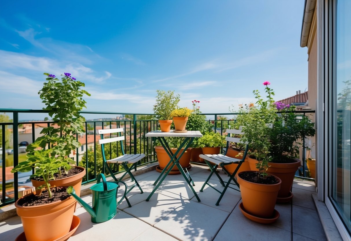 A sunny balcony with potted plants, a small table, and chairs. Watering can and gardening tools nearby. Blue sky and flowers in bloom