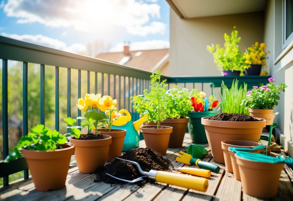 A balcony garden with pots, soil, and gardening tools arranged for spring preparation. Sunlight streams in, highlighting the anticipation of blooming season