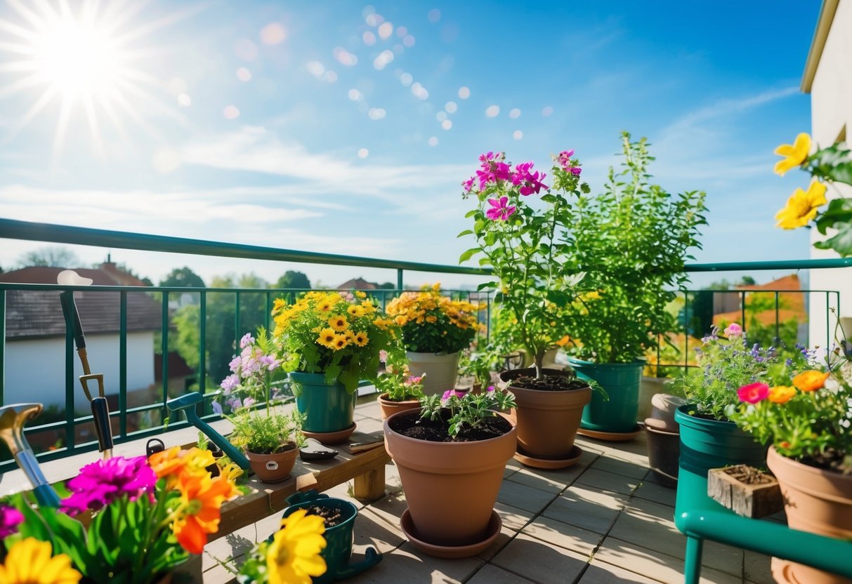 A balcony with potted plants, gardening tools, and colorful flowers in bloom, surrounded by a sunny, blue sky