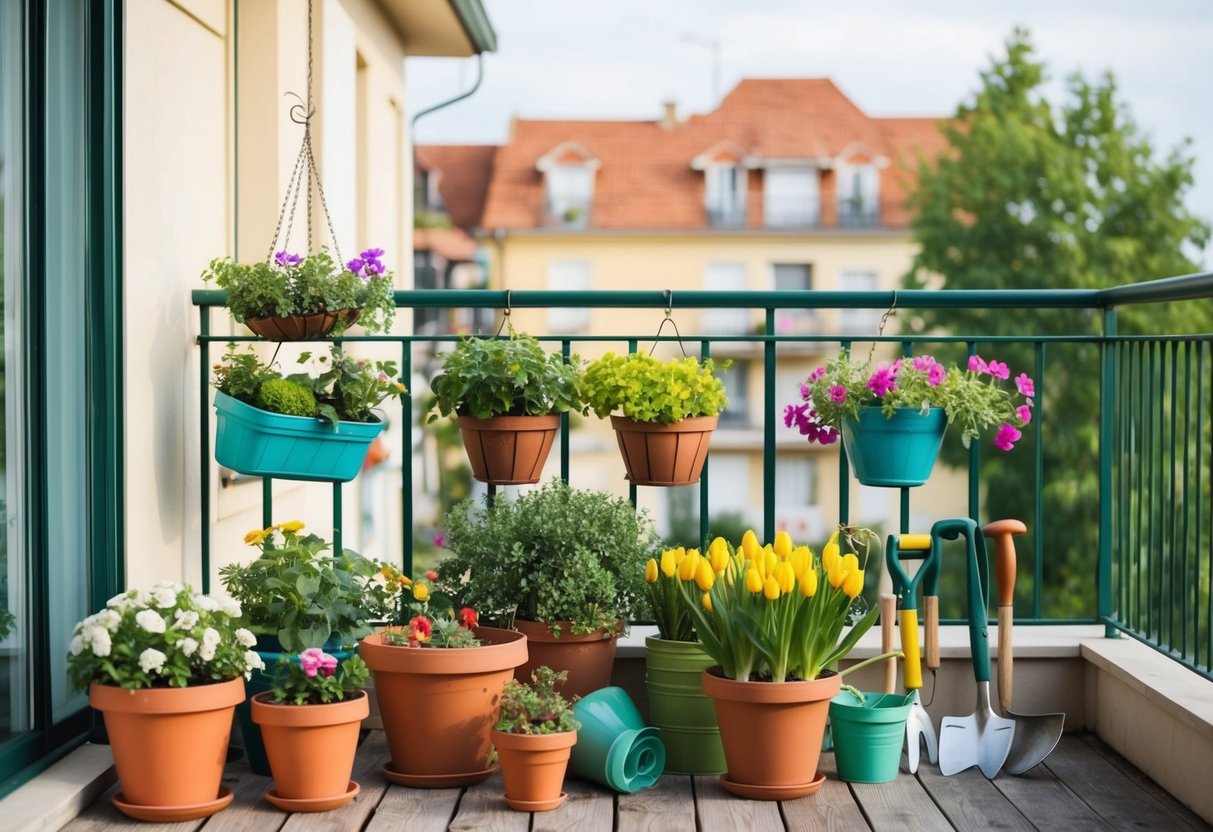 A balcony garden with potted plants, hanging baskets, and gardening tools arranged for spring preparation