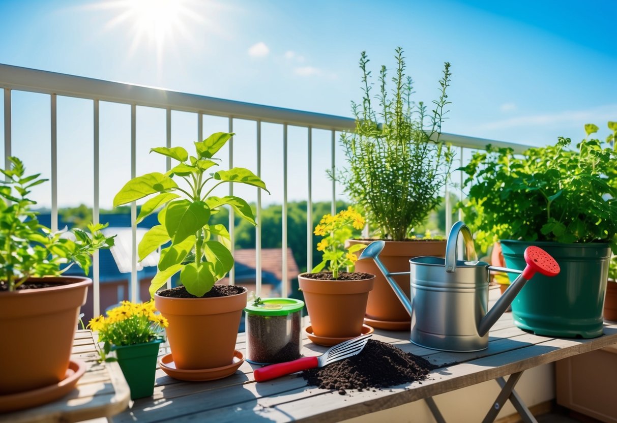 A balcony garden with potted plants, soil, and gardening tools. A watering can and fertilizer are nearby. The sun is shining, and the sky is clear