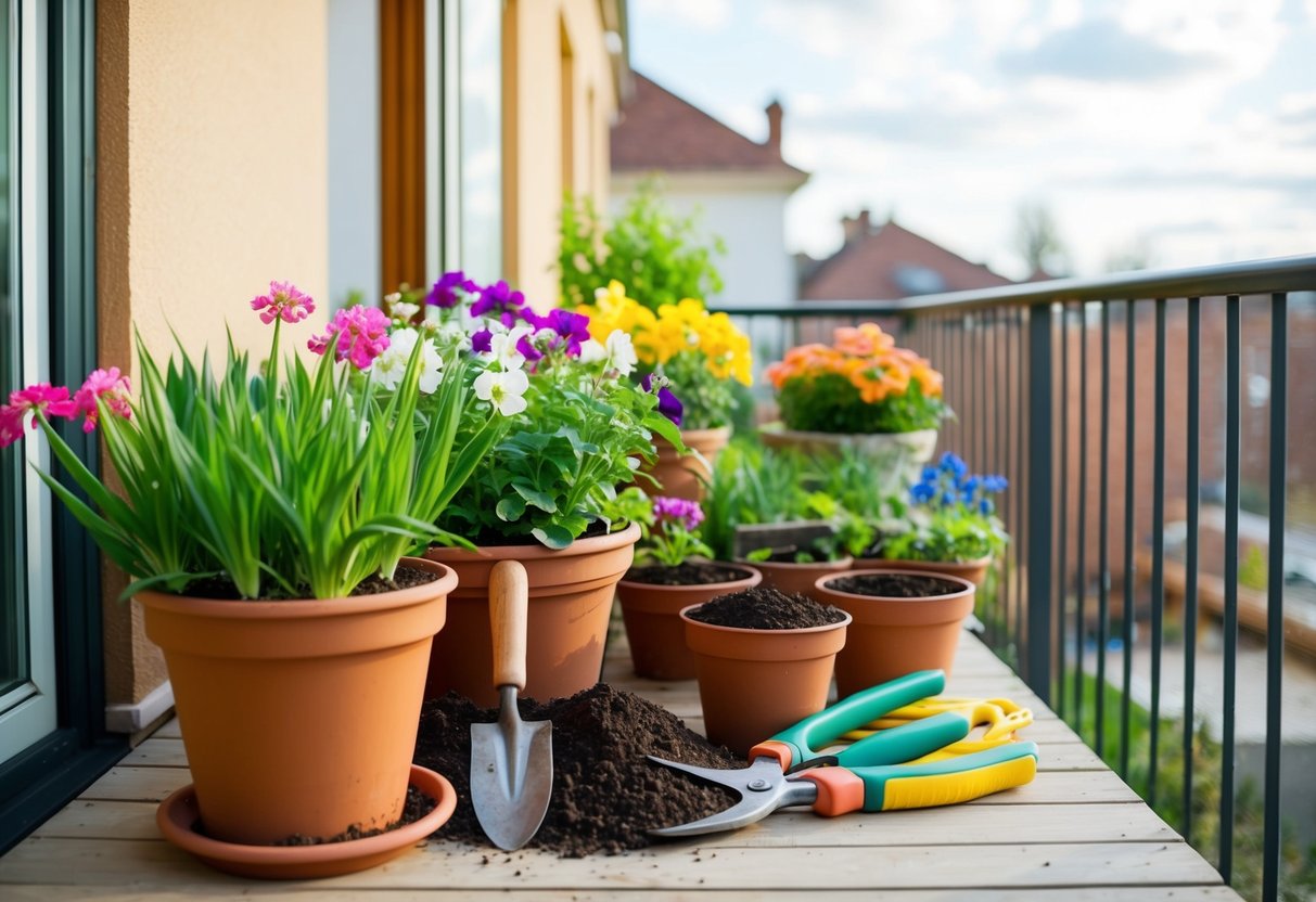 A balcony garden with pots of blooming flowers, freshly turned soil, and gardening tools neatly arranged for spring planting