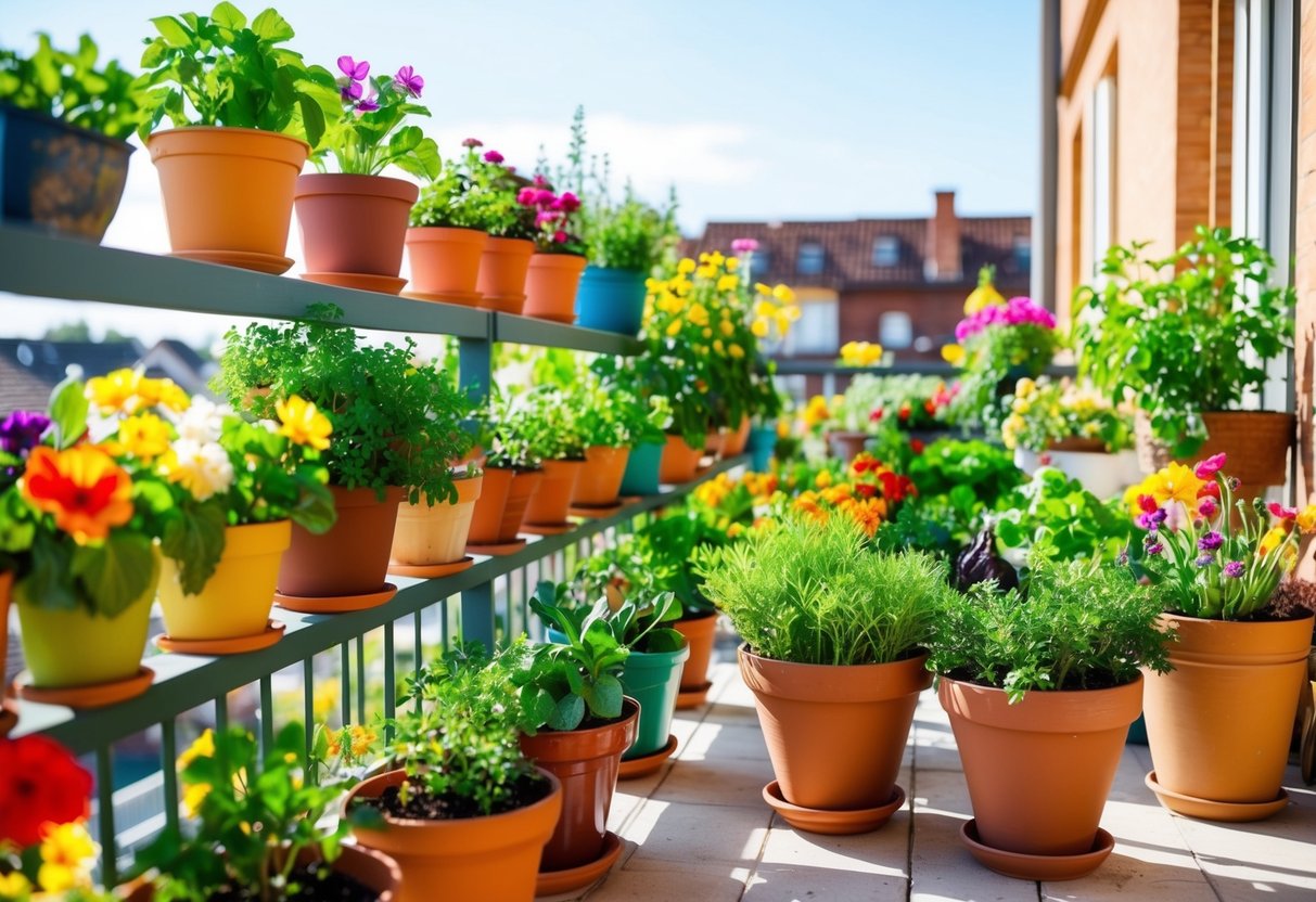 A colorful array of potted plants line a sunny balcony, featuring a variety of flowers, herbs, and vegetables thriving in the spring sunshine.
