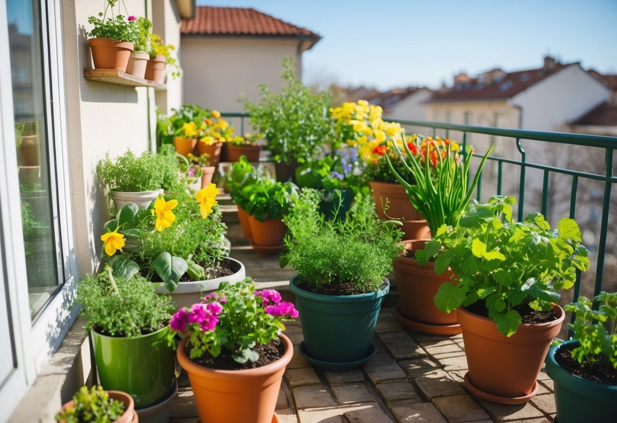A sunny balcony with a variety of potted plants, including herbs, flowers, and vegetables, thriving in the springtime. Enjoy some of these top plants to grow on your balcony.