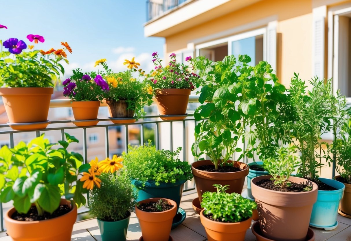 A sunny balcony with a variety of potted plants in full bloom, including colorful flowers and lush green herbs. These easy plants to grow on your balcony are thriving and well cared for, adding a vibrant touch to the outdoor space