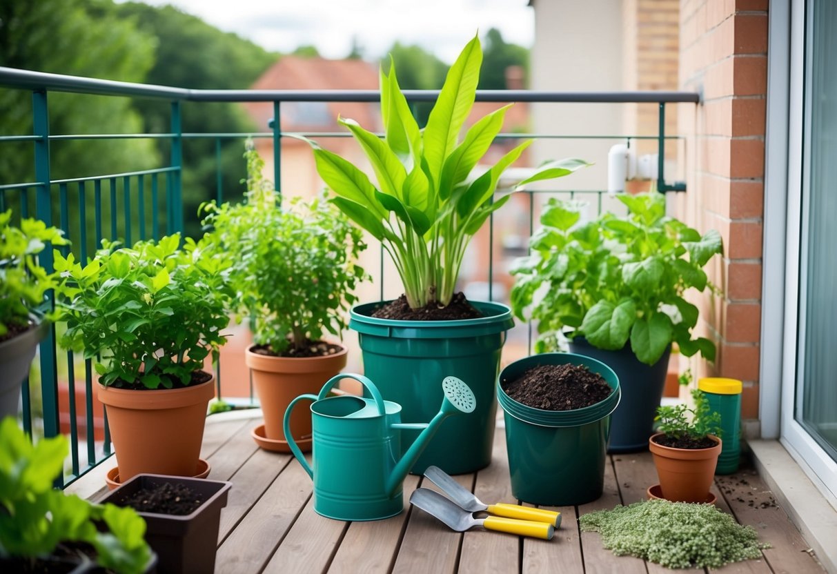 A balcony with potted plants, compost bin, and organic fertilizer. Watering can and gardening tools nearby. Lush greenery and healthy soil