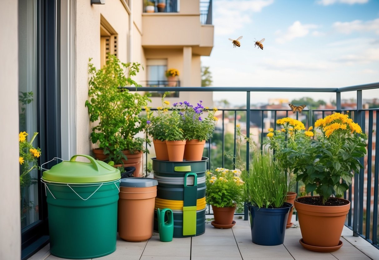 A balcony with potted plants, compost bin, and rain barrel. Bees and butterflies visit blooming flowers. Recycled materials used for gardening tools and decor