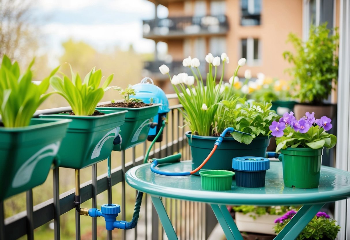 A balcony garden with a variety of innovative watering systems and tools in use during the spring season
