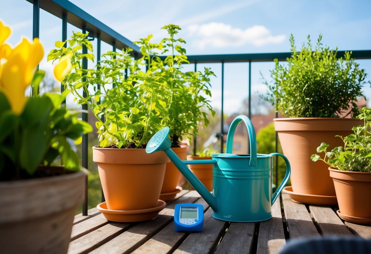A balcony garden with potted plants, a watering can, and a moisture meter on a sunny spring day