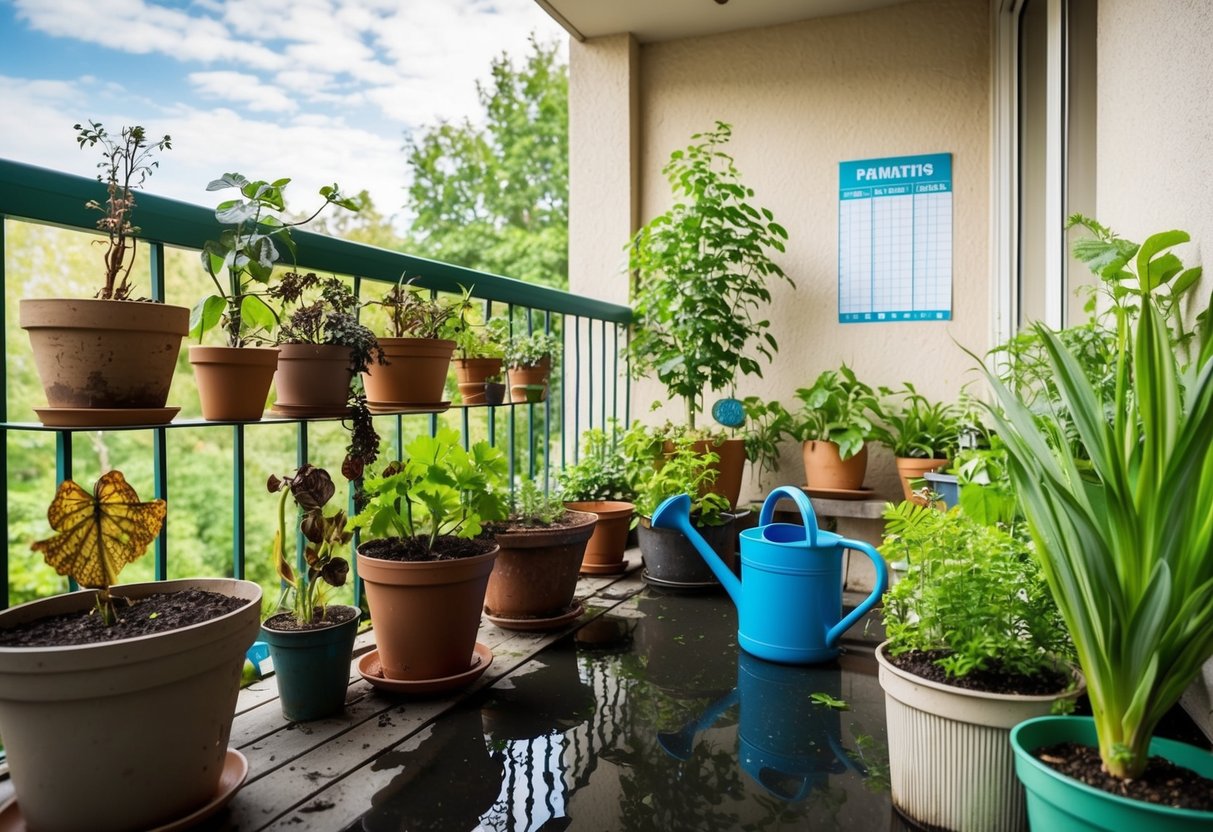 A balcony garden with potted plants in various sizes and shapes, some wilted and dry, others overwatered with standing water. A watering can and watering schedule pinned to the wall