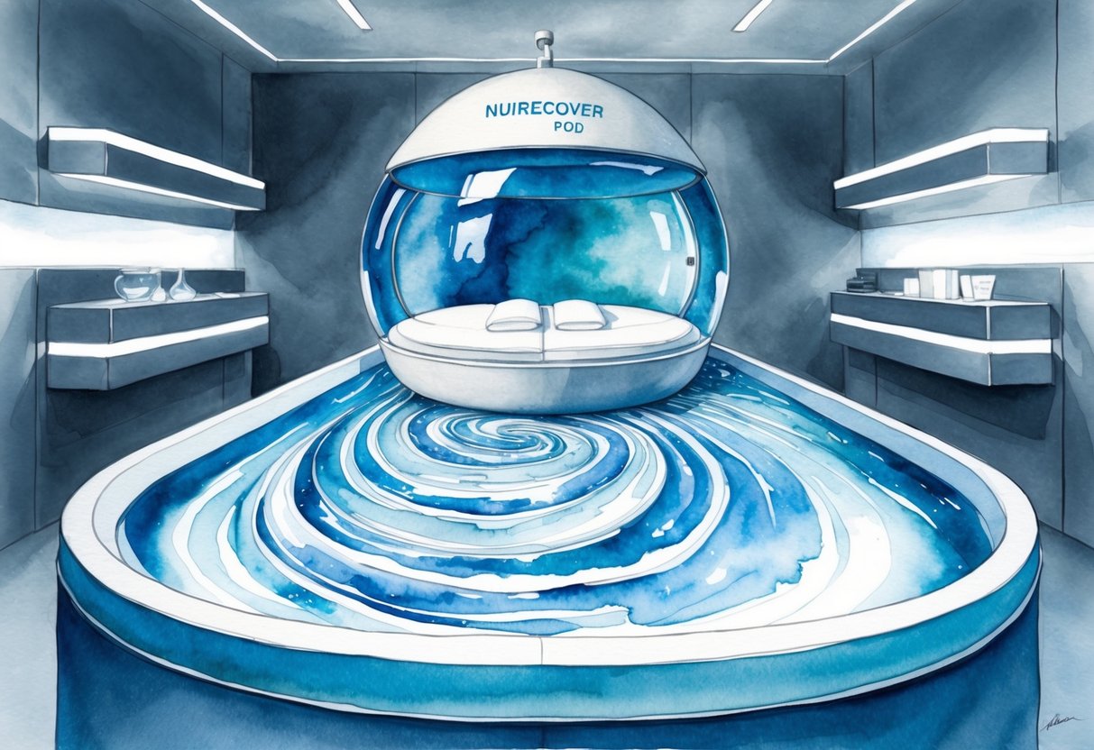 The NuRecover Pod sits in a serene, dimly lit room, surrounded by sleek, modern decor. The ice bath is filled with swirling, icy water, emitting a cool, calming aura