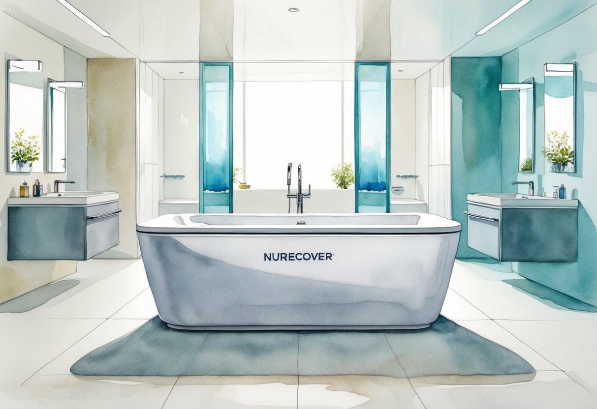 A spacious bathroom with a sleek, white NuRecover ice bath positioned in the center. The room is brightly lit with modern fixtures and a clean, minimalist aesthetic