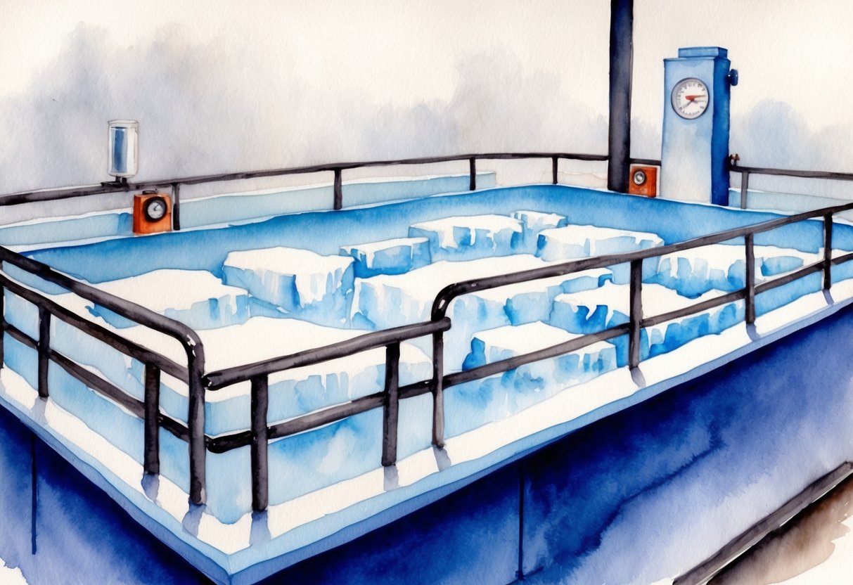 A large ice bath with safety railings and temperature gauge