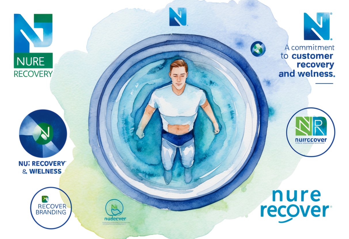 A person submerged in an ice bath, surrounded by NuRecover branding and imagery, indicating a commitment to customer recovery and wellness