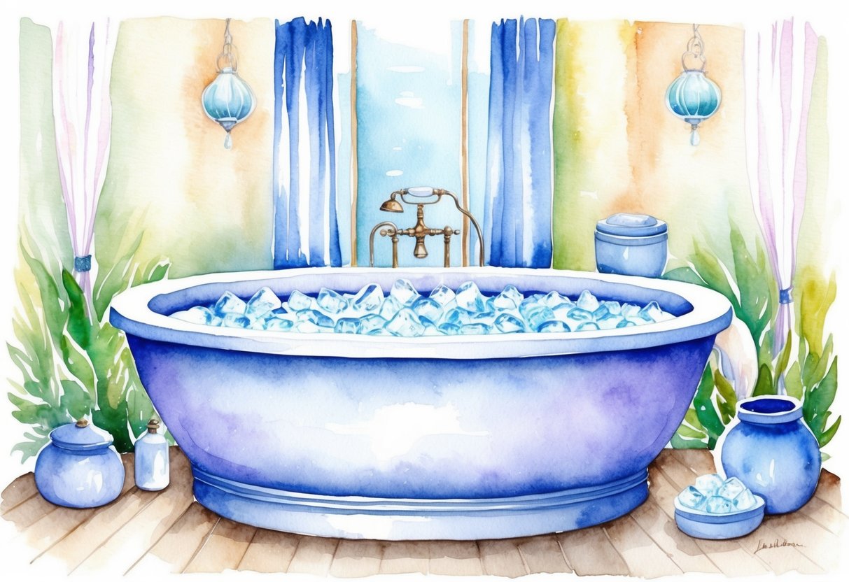 A serene spa setting with a large tub filled with ice and surrounded by calming decor and soft lighting