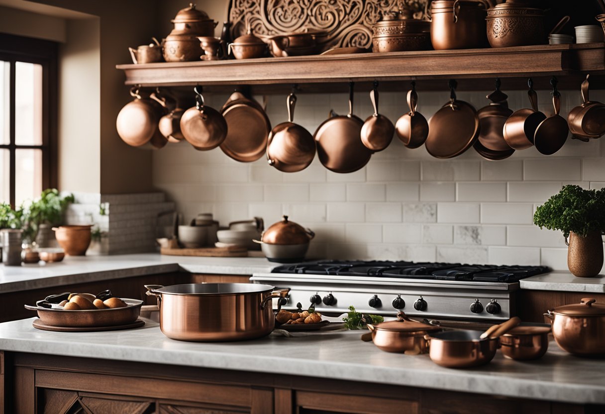 A rustic kitchen island with ornate carvings and a marble top, surrounded by vintage cookware and hanging copper pots