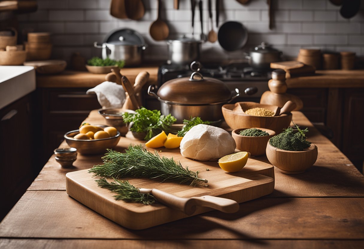 A vintage butcher block table sits in a rustic kitchen, surrounded by antique kitchen decor and utensils