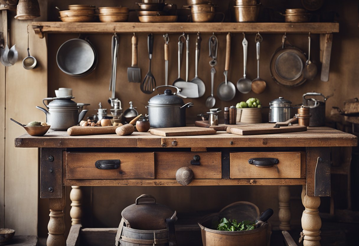 An antique French workbench transformed into a kitchen island, adorned with vintage kitchen tools and surrounded by rustic decor