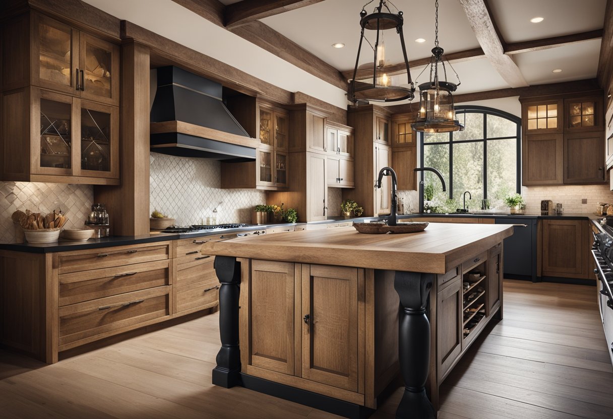 A rustic oak kitchen island with wrought iron details stands as the centerpiece of a cozy, vintage-inspired kitchen