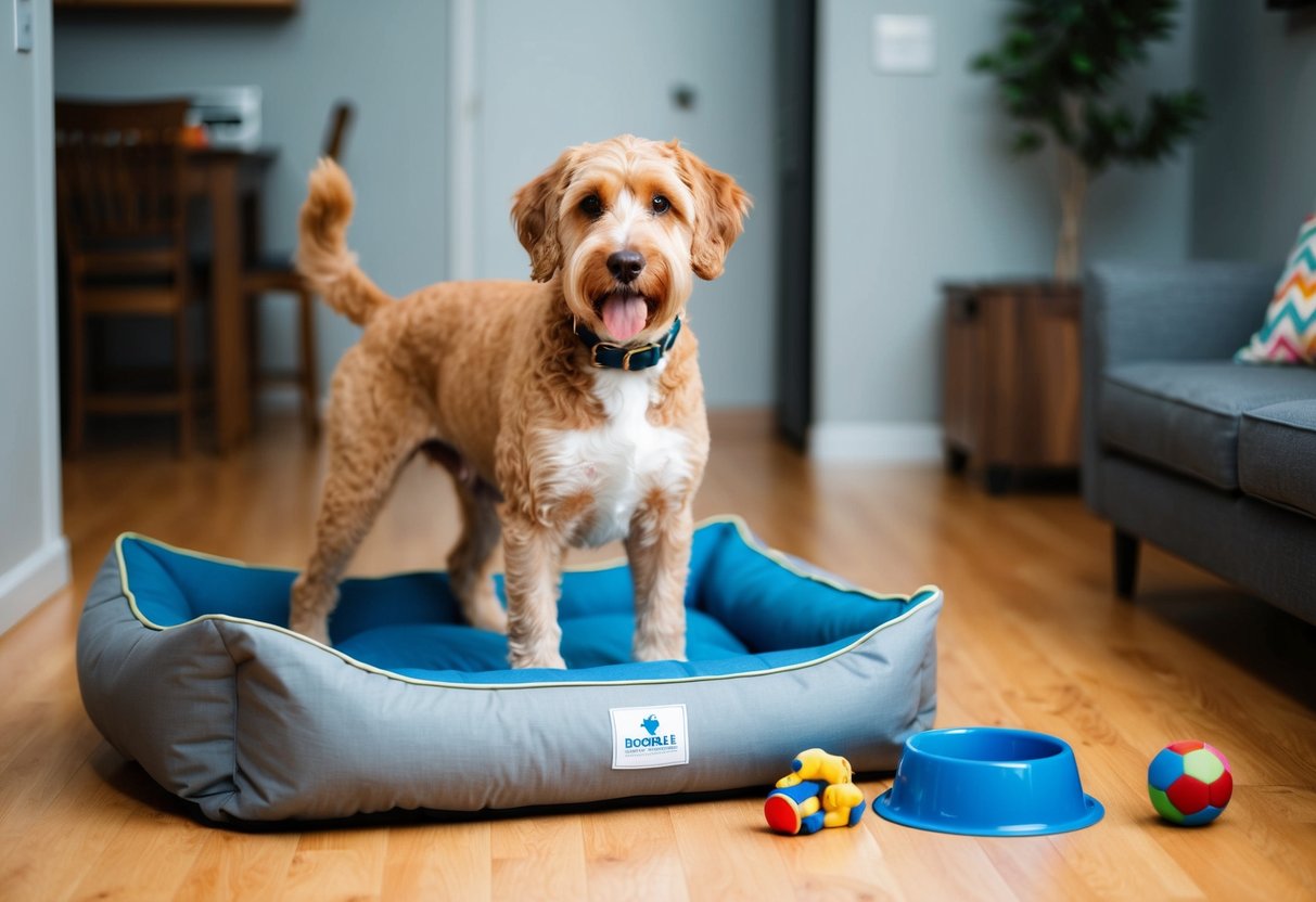 A medium-sized Boxerdoodle stands next to a large dog bed, surrounded by toys and a water bowl