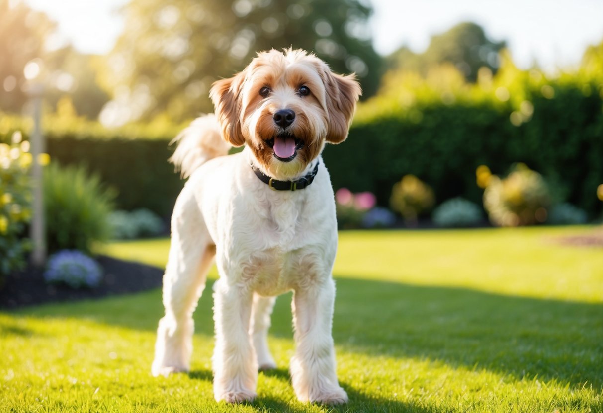 A happy Boxerdoodle dog with a medium-sized body, fluffy fur, and floppy ears, standing in a sunny garden