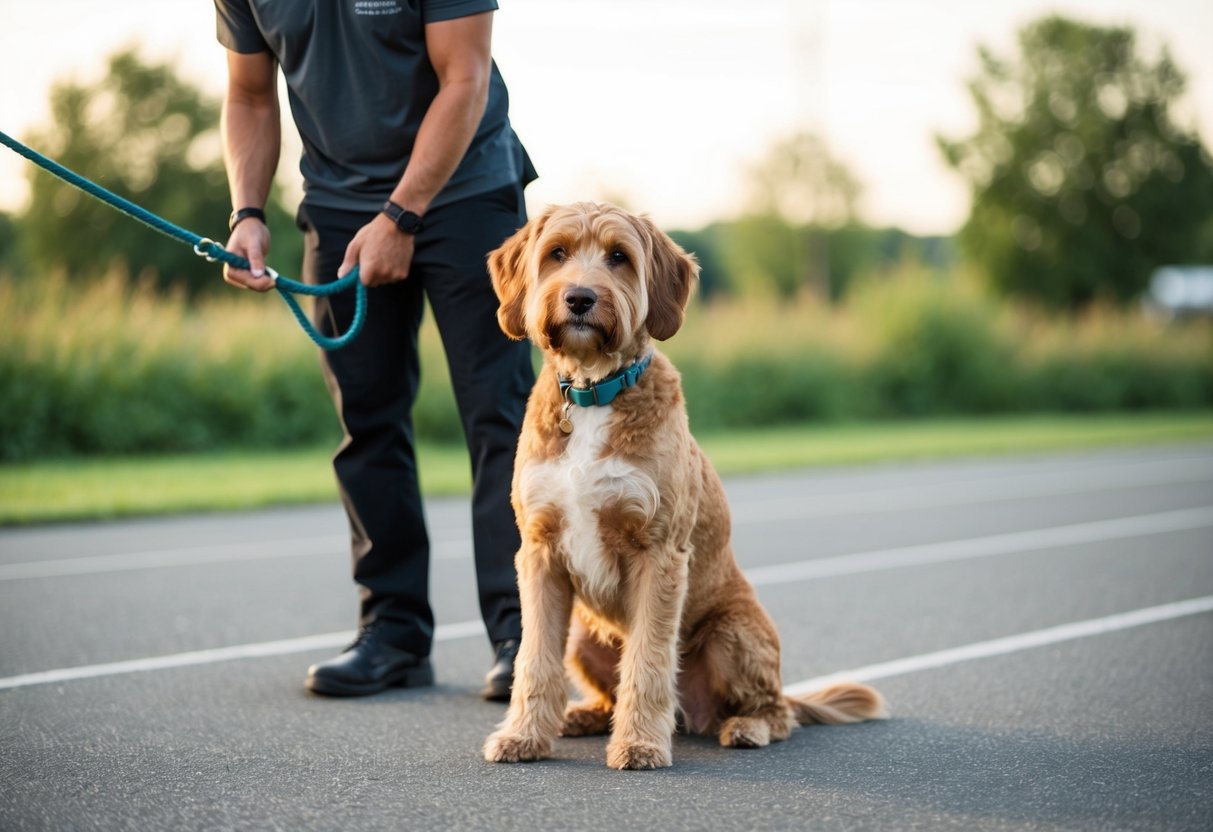 A medium-sized Boxerdoodle sits obediently during training, its alert eyes fixed on its handler
