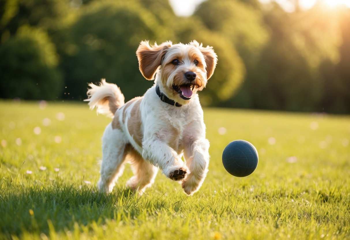 A Boxerdoodle plays happily in a sunlit meadow, wagging its tail and eagerly chasing after a ball