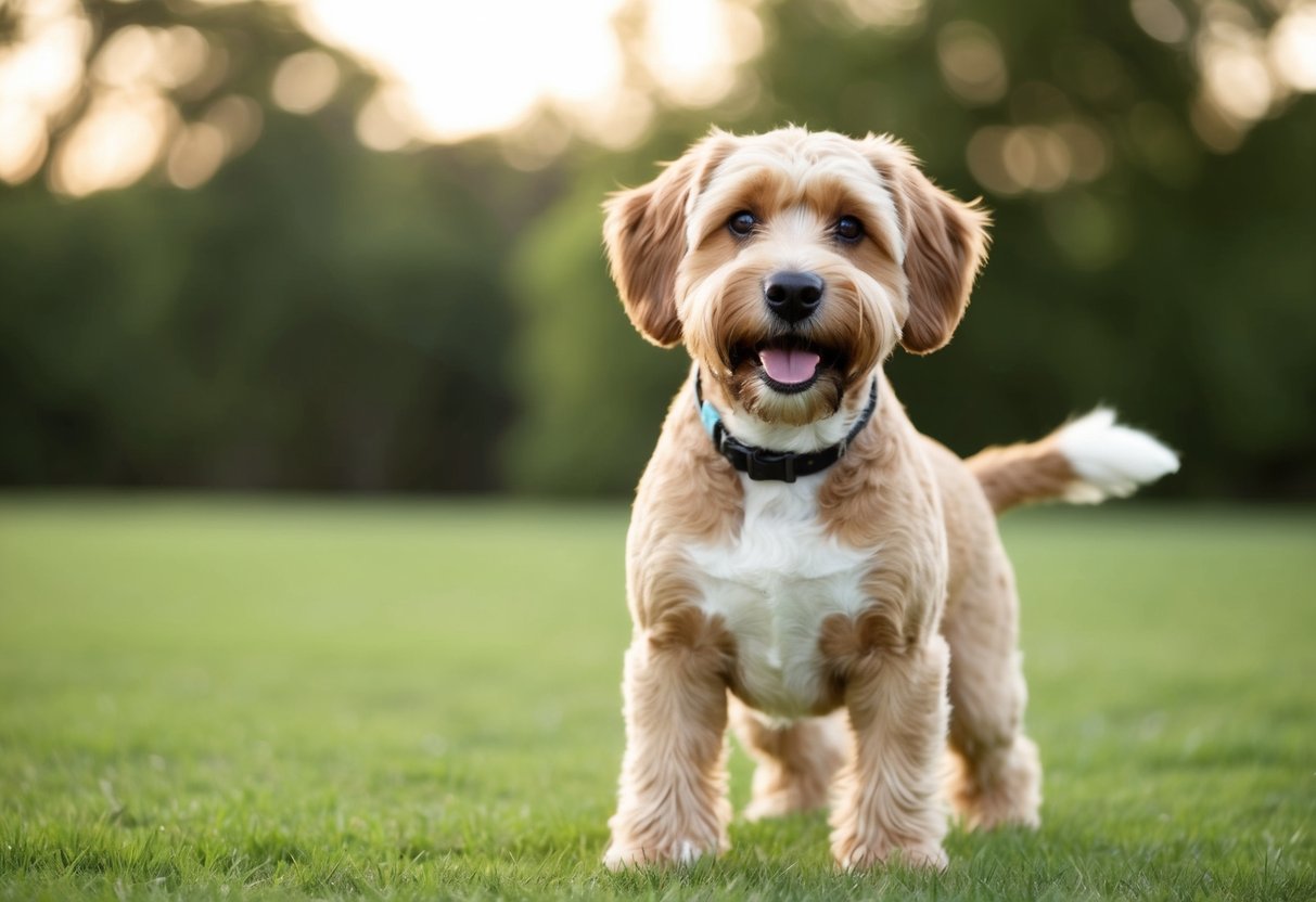 A Boxerdoodle stands confidently, tail wagging, with a playful and friendly expression. Its alert eyes show intelligence and curiosity