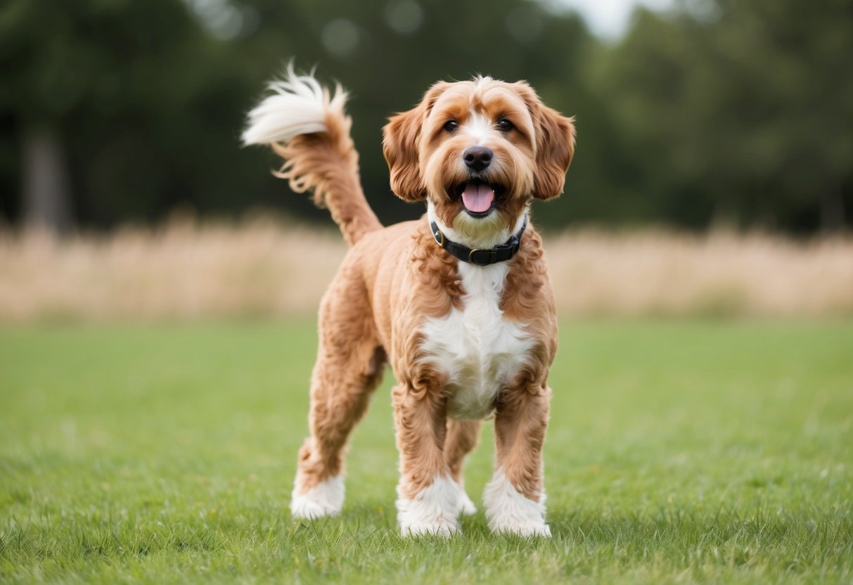 A Boxerdoodle stands proudly, tail wagging, with a playful and energetic expression, showcasing its confident and friendly personality
