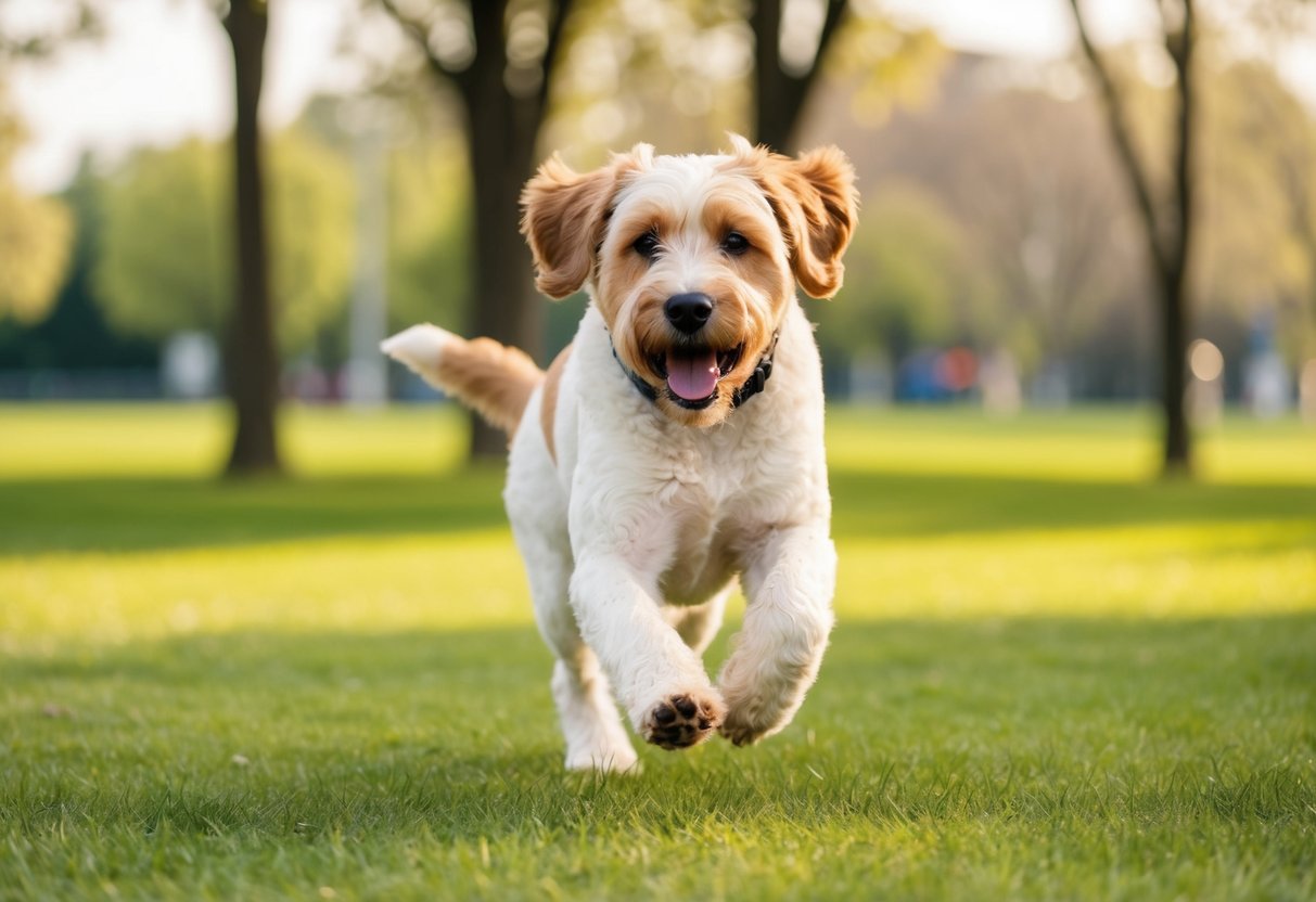A Boxerdoodle dog playing energetically in a park, displaying a friendly and playful personality