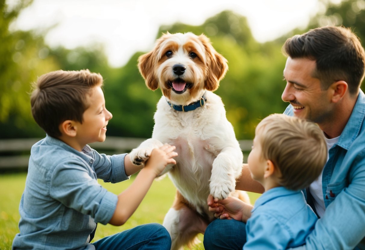 A Boxerdoodle happily plays with a family, showing its friendly and energetic personality