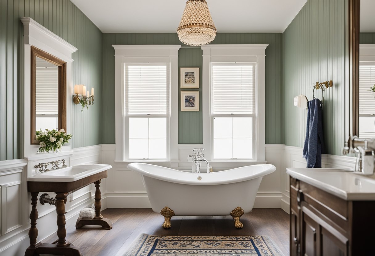 A cozy bathroom with white bead board walls, accented with decorative molding and complemented by a vintage clawfoot bathtub and a pedestal sink