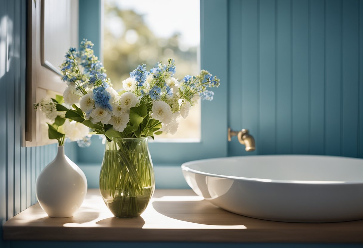 A serene bathroom with coastal blue bead board walls, sunlight streaming in through a small window, and a vase of fresh flowers on the sink