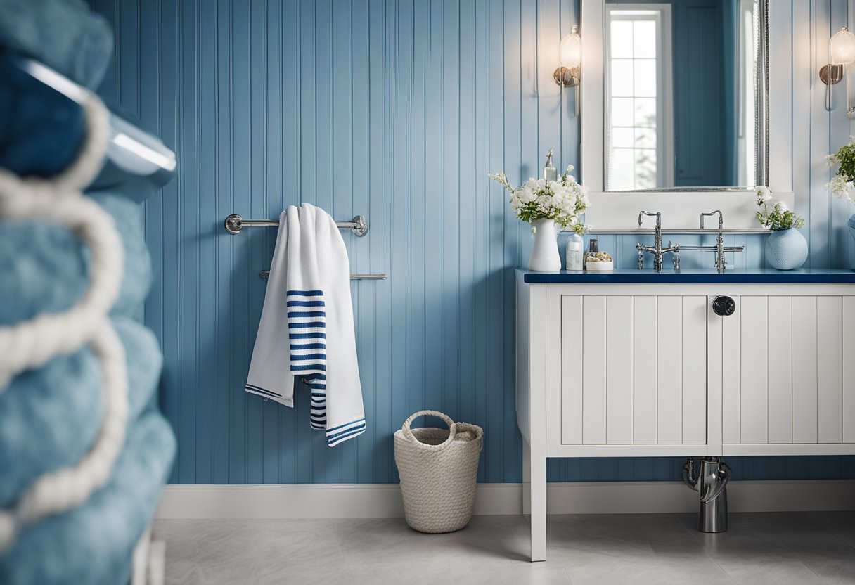 A bathroom with white bead board walls adorned with a nautical striped pattern in shades of blue and white. Accessories such as a rope mirror and anchor hooks complete the maritime theme