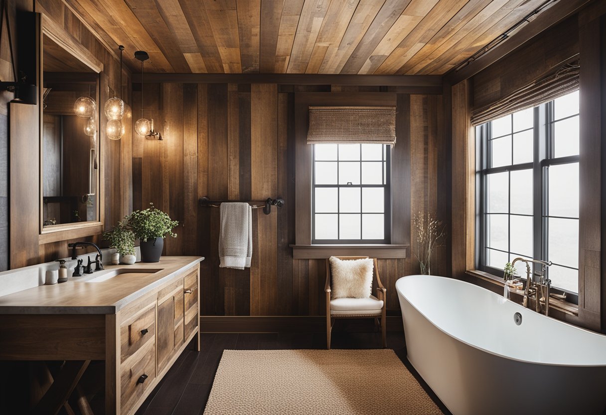 A cozy bathroom with bead board walls, featuring rustic reclaimed wood style decor