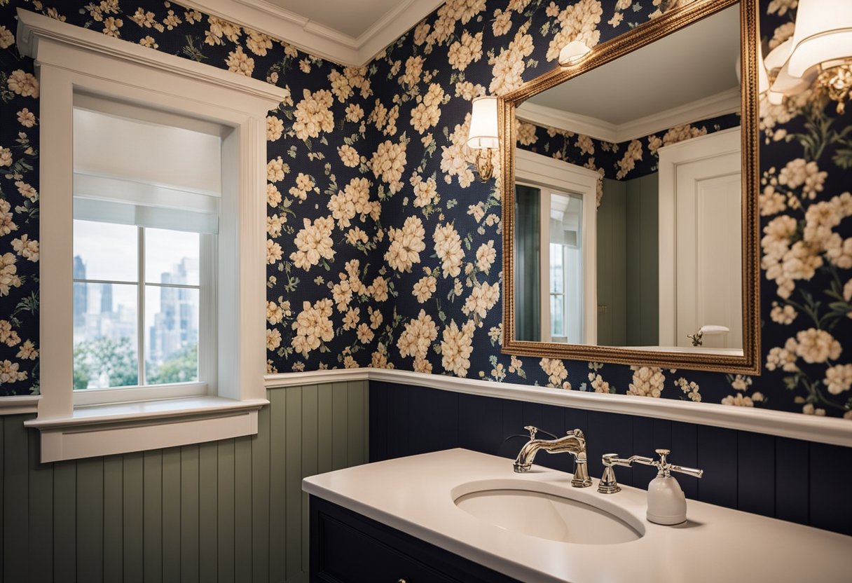 A Victorian floral pattern adorns the bead board walls of a bathroom, adding a touch of elegance to the space